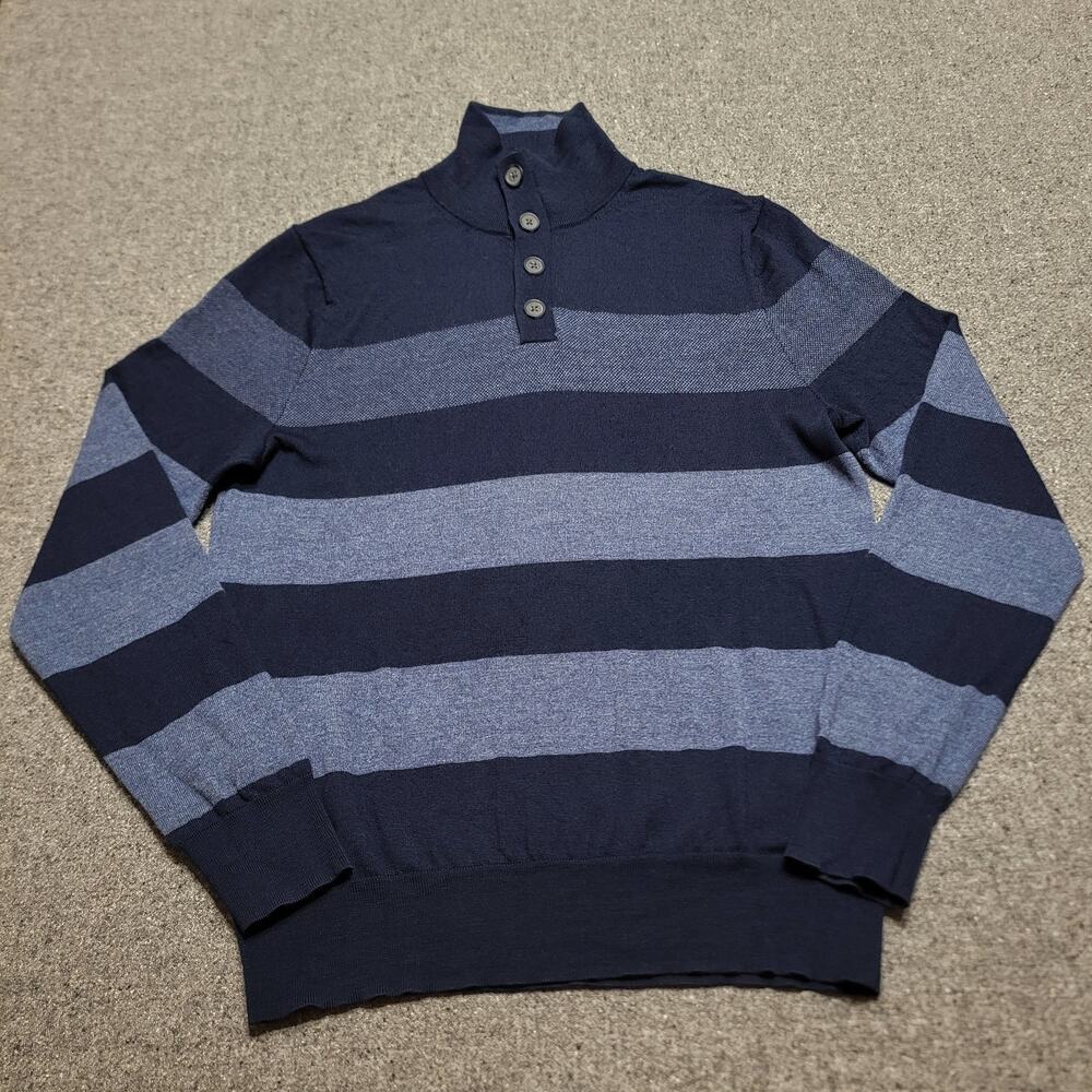 Brooks Brothers Sweater Mens Medium Blue Striped Fine Italian Merino Wool Mock